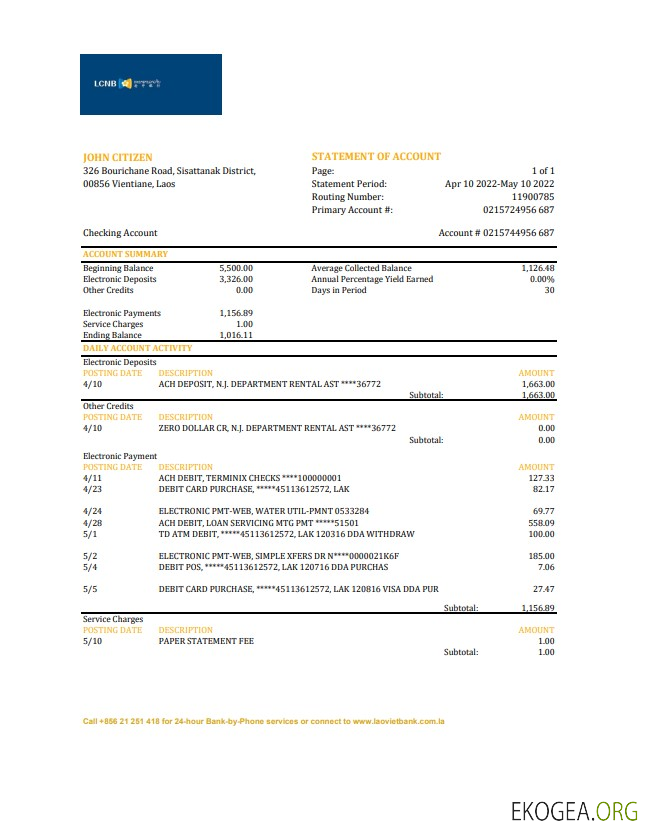 Relevé de la banque LCNB du Laos